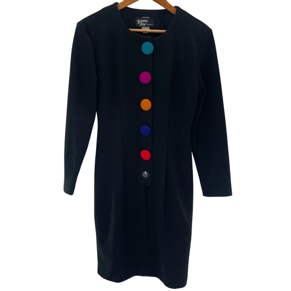 Dawn Joy Vintage Sheath Dress 7/8 Black Knit Big Button Front Dress Size 7-8